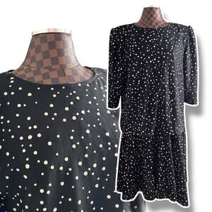Vtg 80s California Looks Dress Size 16 Black White Polka Dot Layered Shift Retro